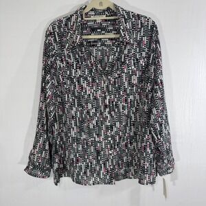 Studio Works Woman 2X Pink Tribal Print Button Down Long Sleeve Shirt‎ Top NWT